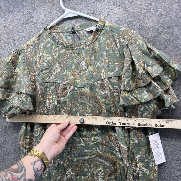 Nanette Lepore Blouse Womens Large Green Prairie Sage Ruffle Sleeve Paisley Top - Picture 7 of 12